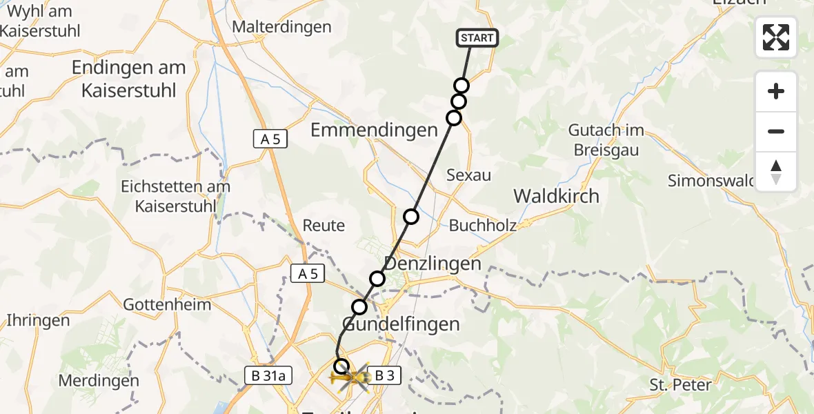 Flugroute Ambulanzhubschrauber Freiamt - Freiburg im Breisgau Flugplatz, 16 August 2026, 11:39