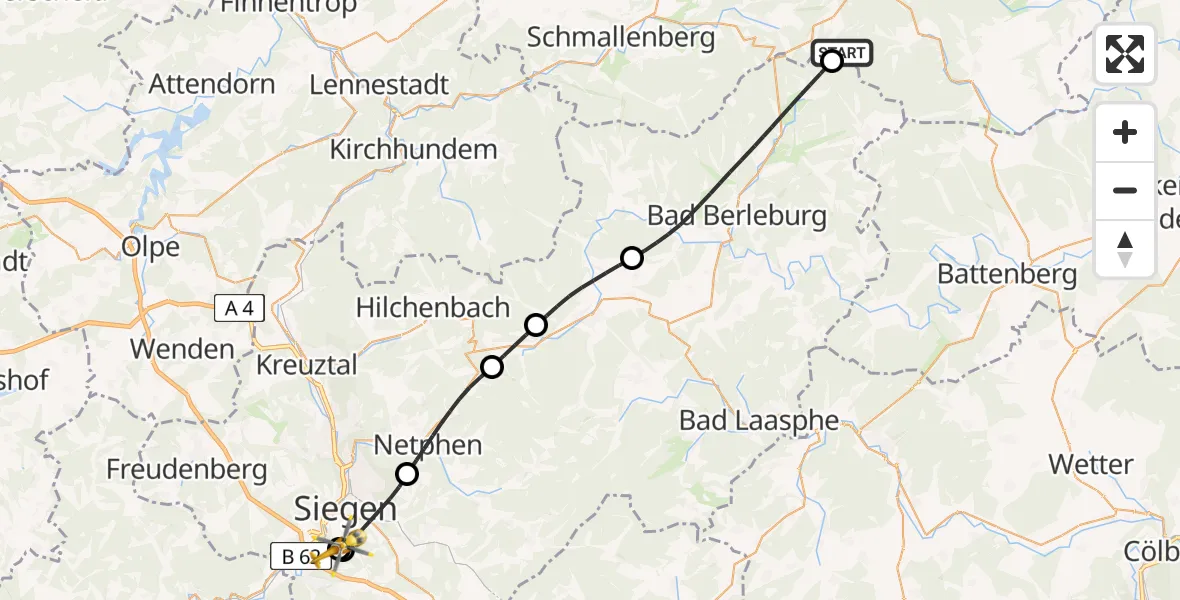 Flugroute Rettungshubschrauber Winterberg - Evangelisches Jung-Stilling Hospital, 16 August 2026, 11:39