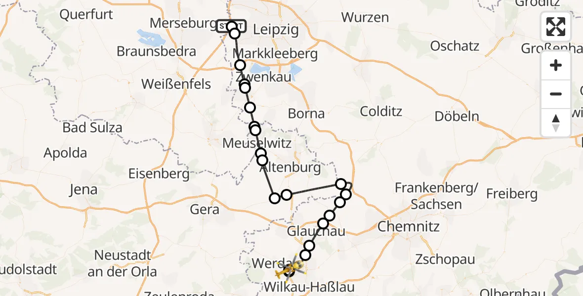 Flugroute Rettungshubschrauber ADAC Air Rescue Station Leipzig/Schkeuditz-Dölzig Hubschrauberlandeplatz (Christoph 61) - ADAC Air Rescue Station Zwickau Hubschrauberlandeplatz, 16 August 2026, 11:45