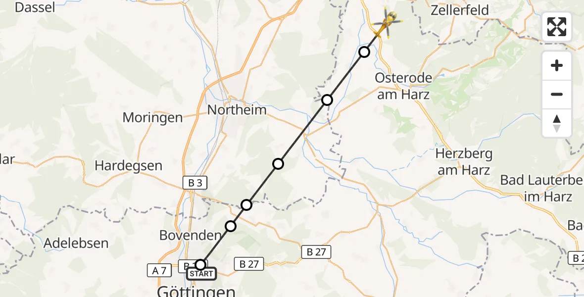 Flugroute Rettungshubschrauber Göttingen University Clinic Hubschrauberlandeplatz - Bad Grund (Harz), 16 August 2026, 11:46