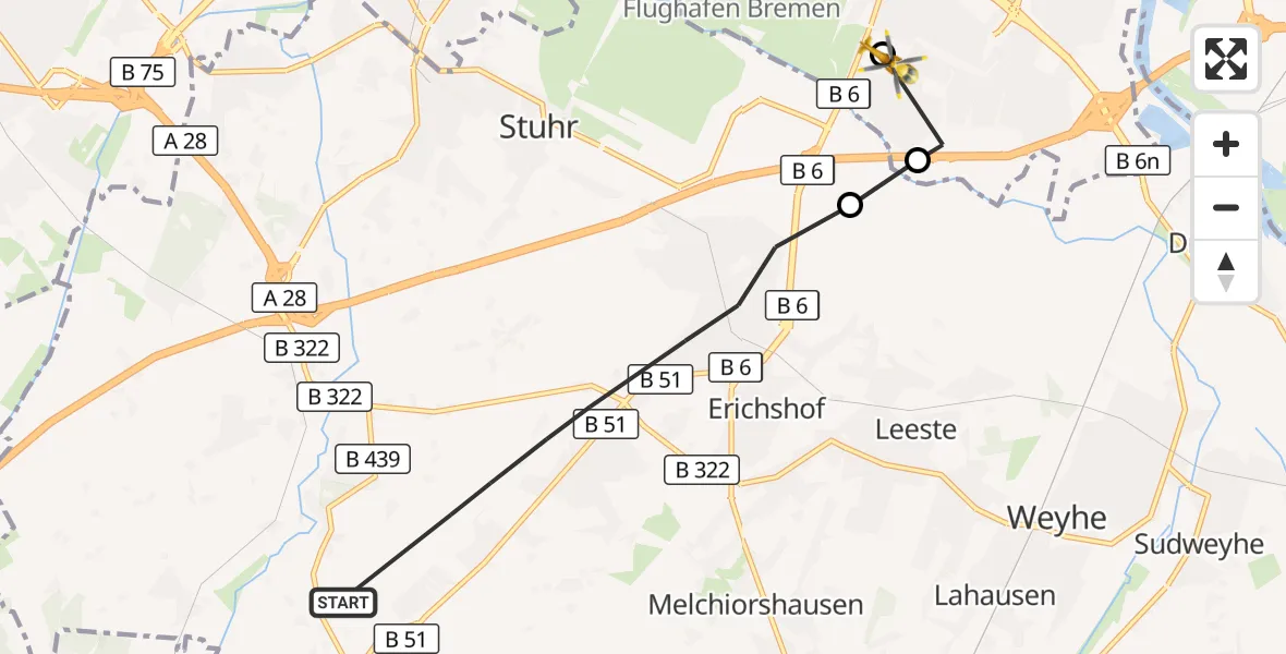 Flugroute Rettungshubschrauber Stuhr - ADAC Air Rescue Station Bremen Hubschrauberlandeplatz (Christoph 6), 16 August 2026, 11:50