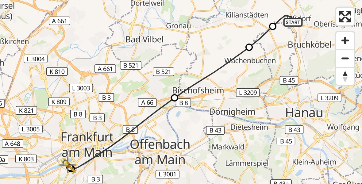 Flugroute Rettungshubschrauber Bruchköbel - Frankfurt University Hospital, 16 August 2026, 12:01