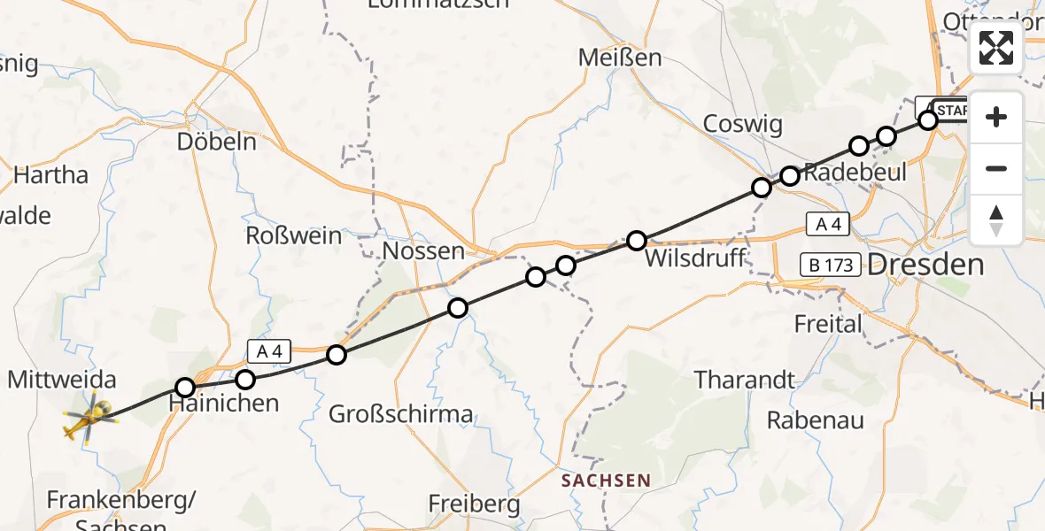 Flugroute Rettungshubschrauber Dresden Flughafen - Rossau, 16 August 2026, 12:03