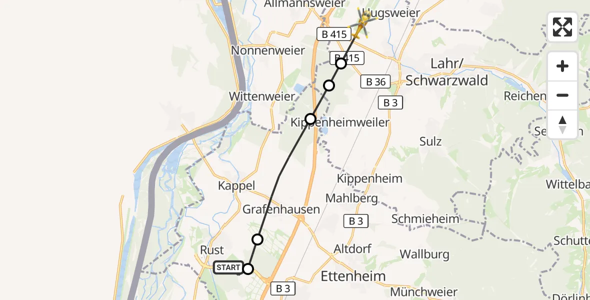 Flugroute Rettungshubschrauber Rust - Lahr Flughafen, 16 August 2026, 12:05
