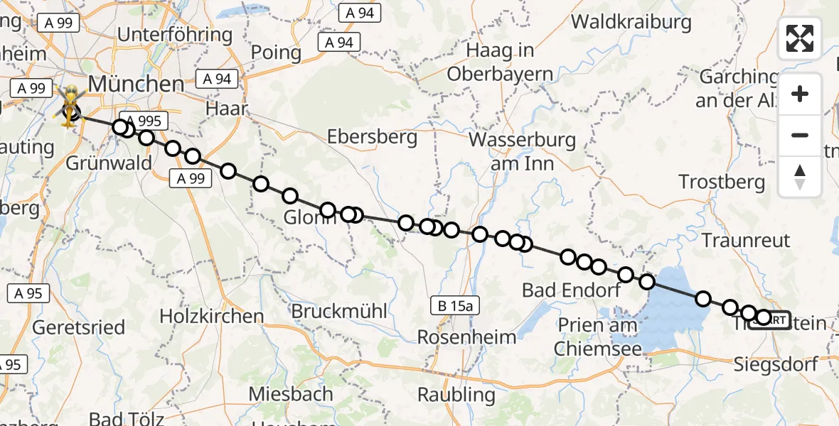 Flugroute Rettungshubschrauber Traunstein Hospital - DRF Air Rescue München Hubschrauberlandeplatz, 16 August 2026, 12:07