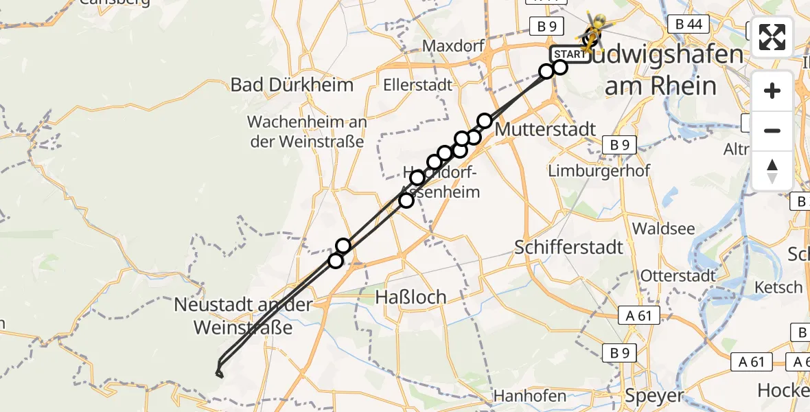 Flugroute Rettungshubschrauber Ludwigshafen am Rhein - Ludwigshafen Accident Hospital, 16 August 2026, 12:10