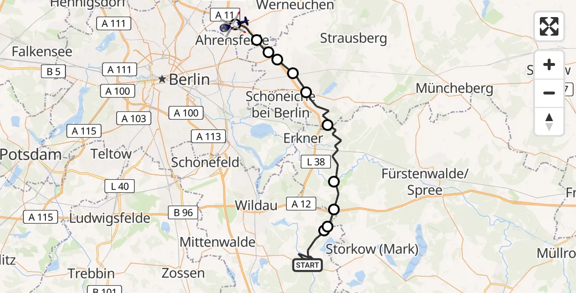 Flugroute Polizeihubschrauber Heidesee - Ahrensfelde Hubschrauberlandeplatz, 16 August 2026, 12:17