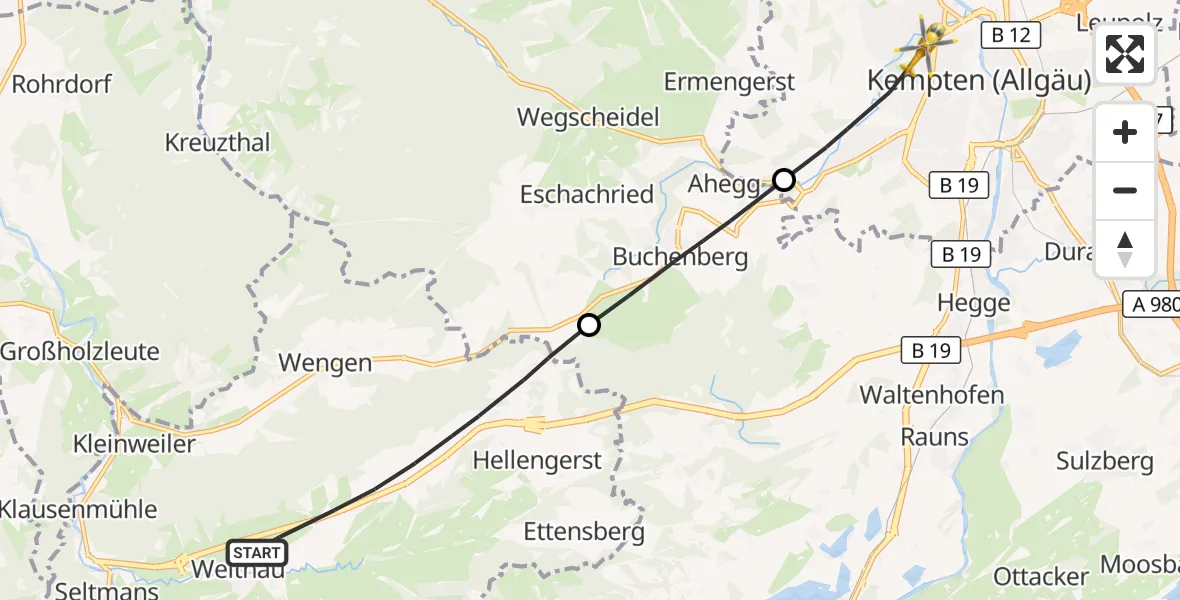 Flugroute Rettungshubschrauber Weitnau - Kempten (Allgäu), 16 August 2026, 12:20