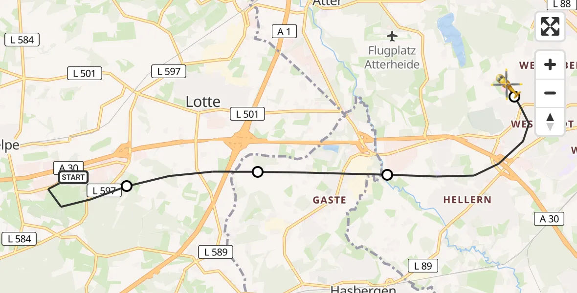 Flugroute Ambulanzhubschrauber Westerkappeln - Osnabrück Hospital, 16 August 2026, 12:23