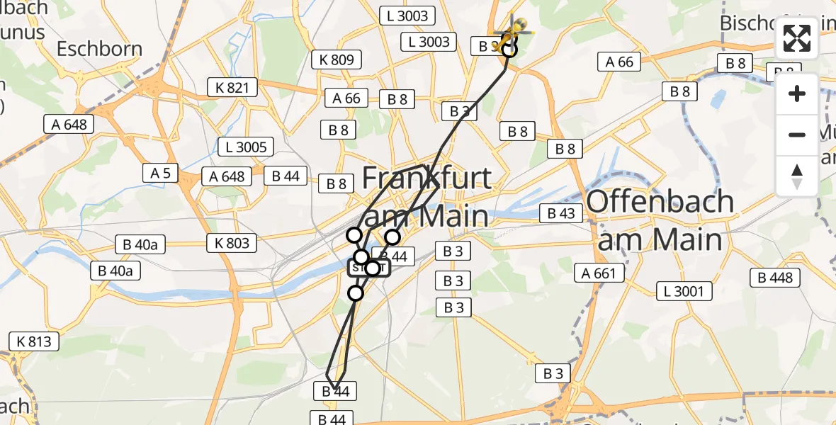 Flugroute Rettungshubschrauber Frankfurt University Hospital - Frankfurt am Main Accident Hospital Roof Helipad (CHX2), 16 August 2026, 12:38
