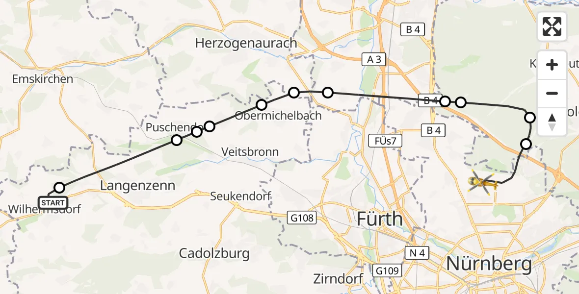 Flugroute Ambulanzhubschrauber Wilhermsdorf - Flughafen Nuremberg, 16 August 2026, 12:43