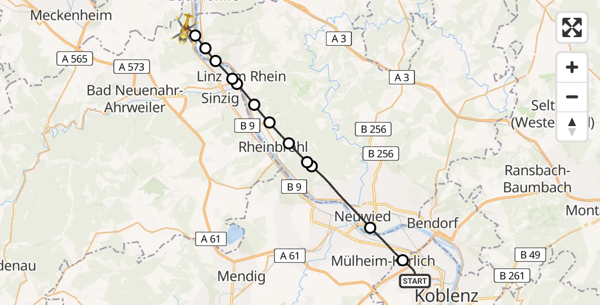 Flugroute Rettungshubschrauber Koblenz - Remagen, 16 August 2026, 12:46