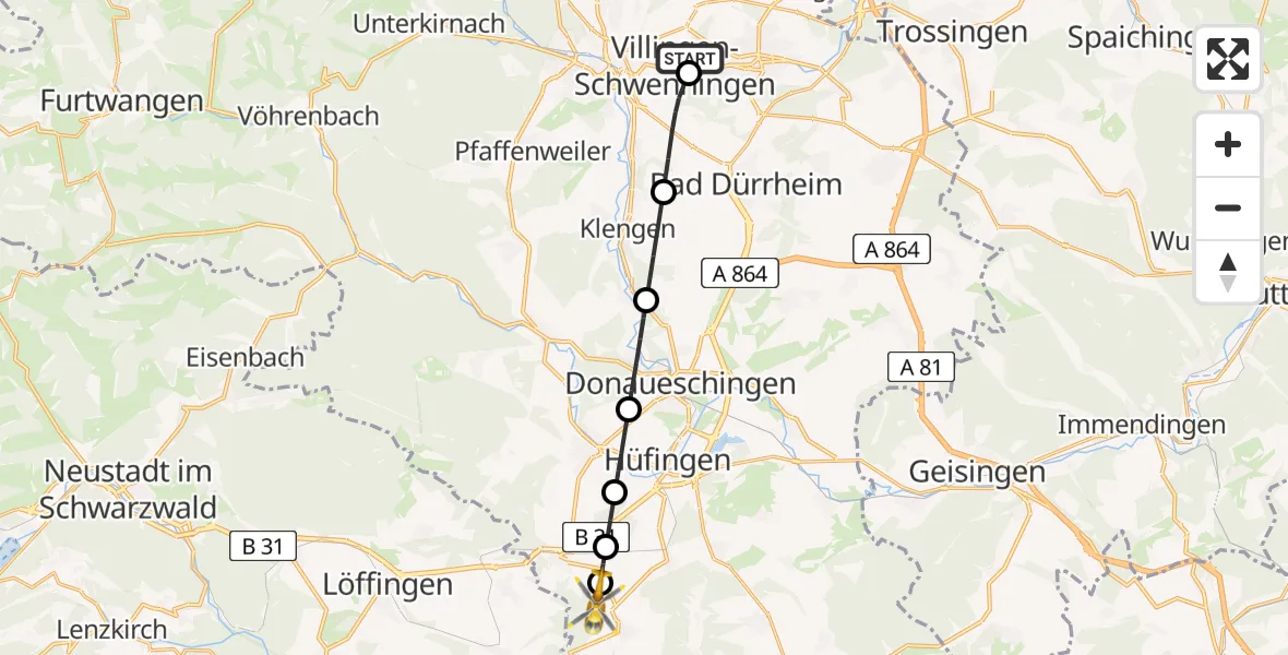 Flugroute Ambulanzhubschrauber DRF Air Rescue Station Villingen-Schwenningen Hubschrauberlandeplatz (Christoph 11) - Hüfingen, 16 August 2026, 12:50