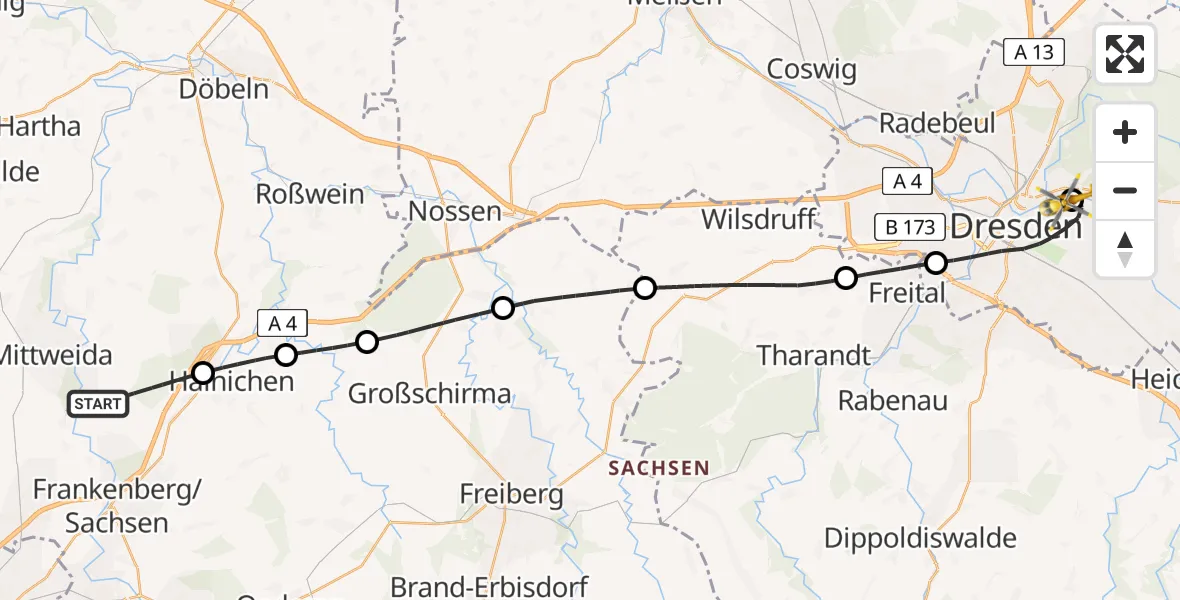 Flugroute Rettungshubschrauber Rossau - Dresden Elbwiesen Hubschrauberlandeplatz, 16 August 2026, 12:50