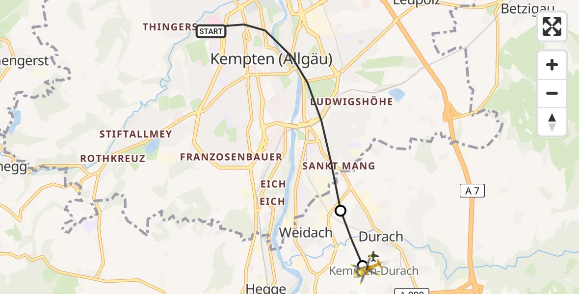 Flugroute Rettungshubschrauber Kempten (Allgäu) - Kempten-Durach Flugplatz, 16 August 2026, 12:50