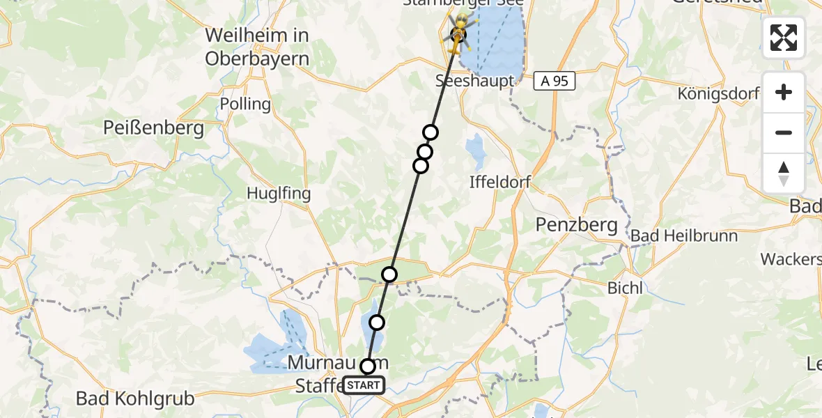 Flugroute Rettungshubschrauber Murnau Accident Hospital - Bernried am Starnberger See, 16 August 2026, 12:55