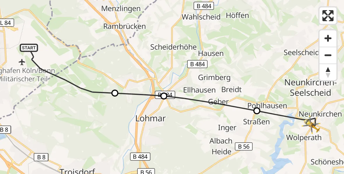 Flugroute Rettungshubschrauber Köln Bonn Flughafen - Neunkirchen-Seelscheid, 16 August 2026, 13:00