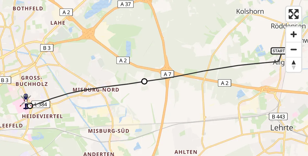 Flugroute Polizeihubschrauber Lehrte - Hannover Luftrettung Hubschrauberlandeplatz (Christoph 4), 16 August 2026, 13:01