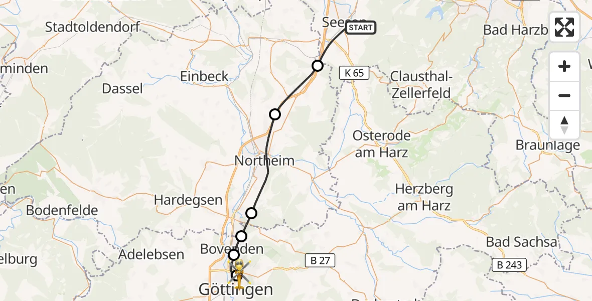 Flugroute Rettungshubschrauber Seesen - Göttingen University Clinic Hubschrauberlandeplatz, 16 August 2026, 13:10