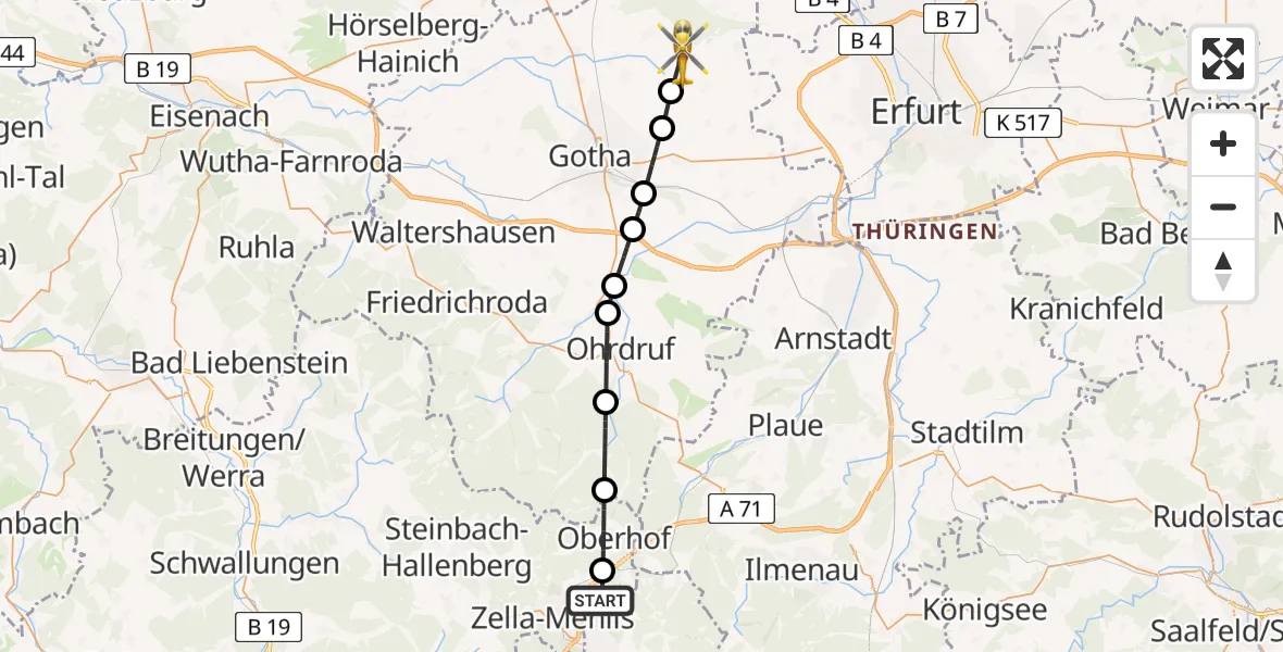 Flugroute Rettungshubschrauber Zella-Mehlis - Molschleben, 16 August 2026, 13:11