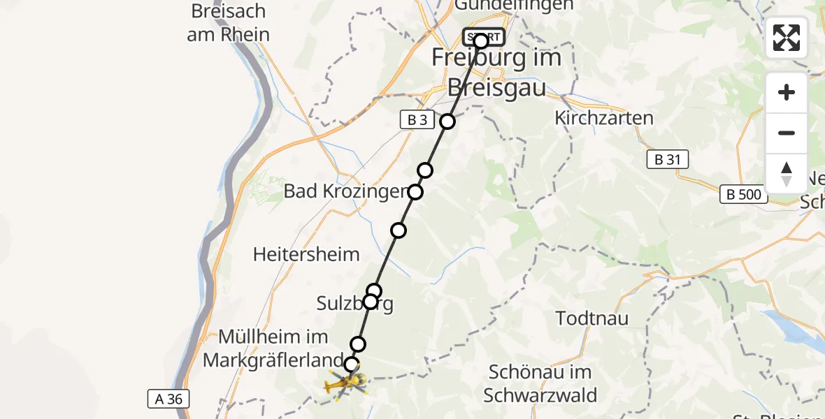 Flugroute Ambulanzhubschrauber Freiburg im Breisgau Flugplatz - Badenweiler, 16 August 2026, 13:13