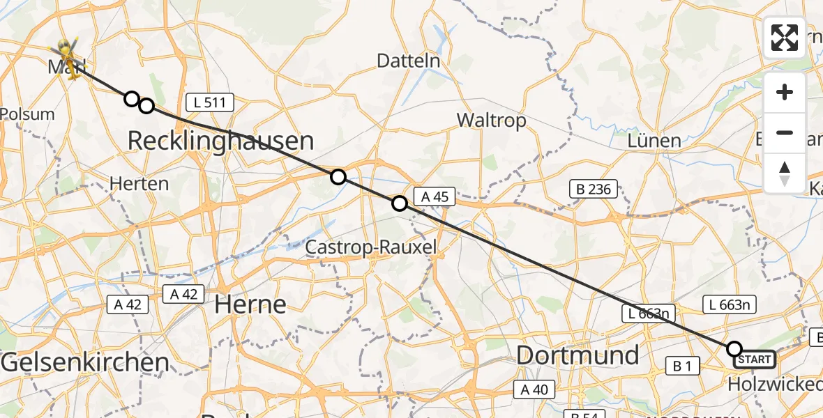 Flugroute Rettungshubschrauber Dortmund Flughafen - Marl, 16 August 2026, 13:17