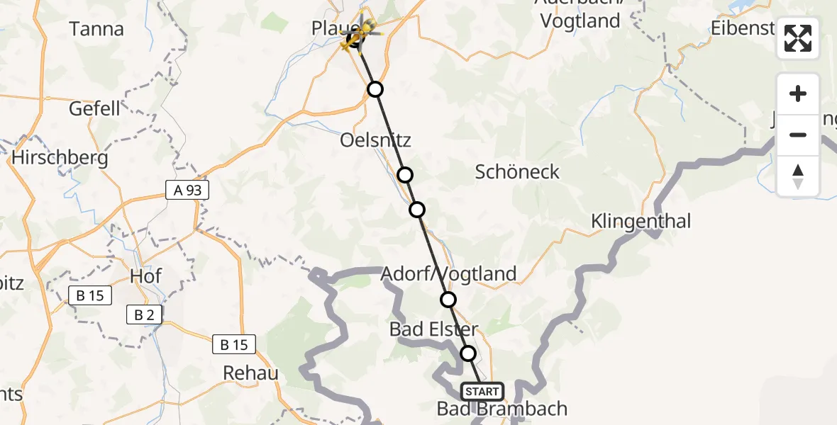 Flugroute Rettungshubschrauber Bad Brambach - Helios Clinic Plauen, 16 August 2026, 13:24