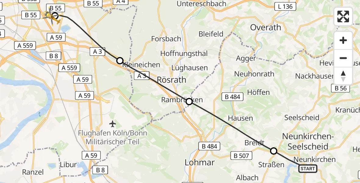 Flugroute Rettungshubschrauber Neunkirchen-Seelscheid - Merheim Hospital, 16 August 2026, 13:26
