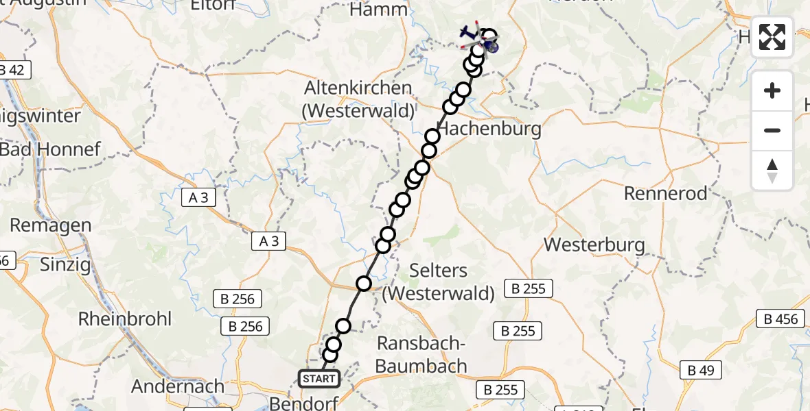 Flugroute Polizeihubschrauber Bendorf - Gebhardshain, 16 August 2026, 13:28