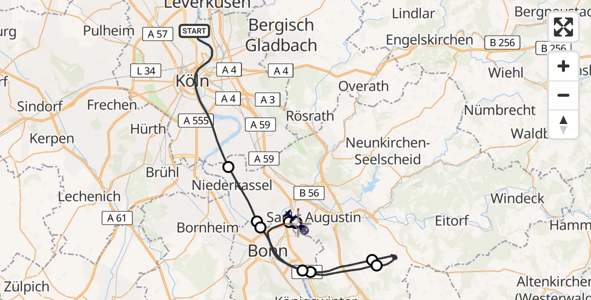 Flugroute Polizeihubschrauber Köln - Bonn-Hangelar Flugplatz, 16 August 2026, 13:28