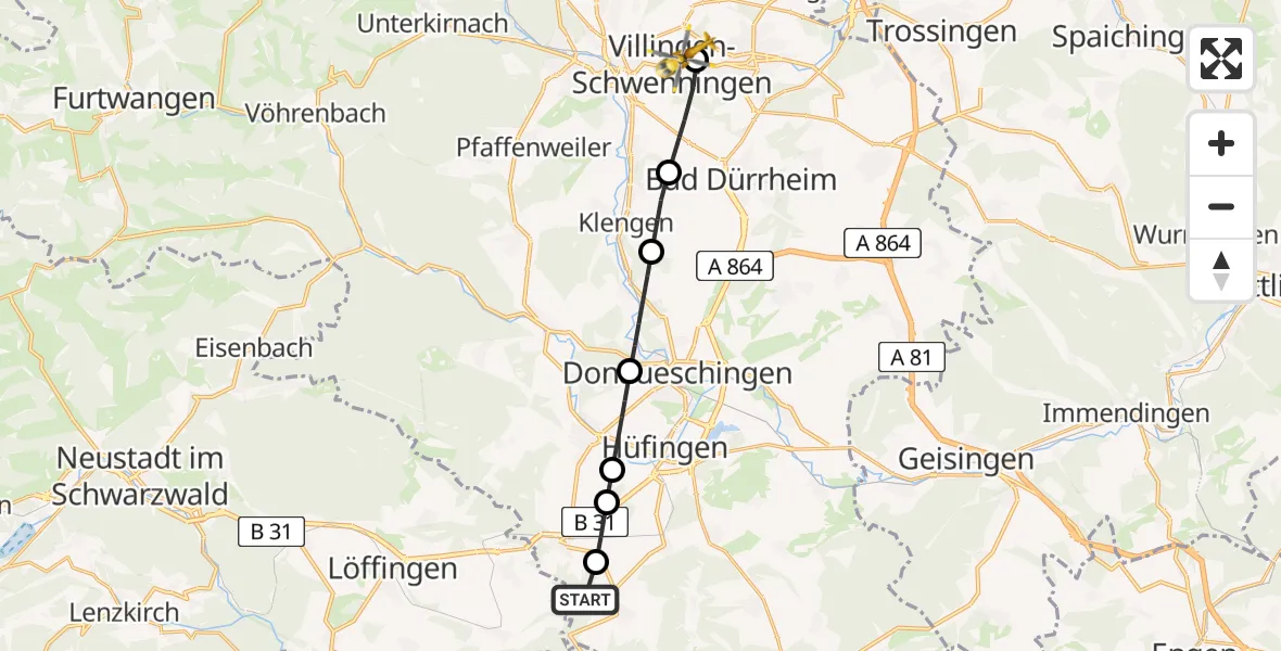 Flugroute Ambulanzhubschrauber Hüfingen - DRF Air Rescue Station Villingen-Schwenningen Hubschrauberlandeplatz (Christoph 11), 16 August 2026, 13:30