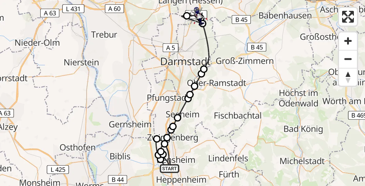 Flugroute Polizeihubschrauber Bensheim - Egelsbach, 16 August 2026, 13:31