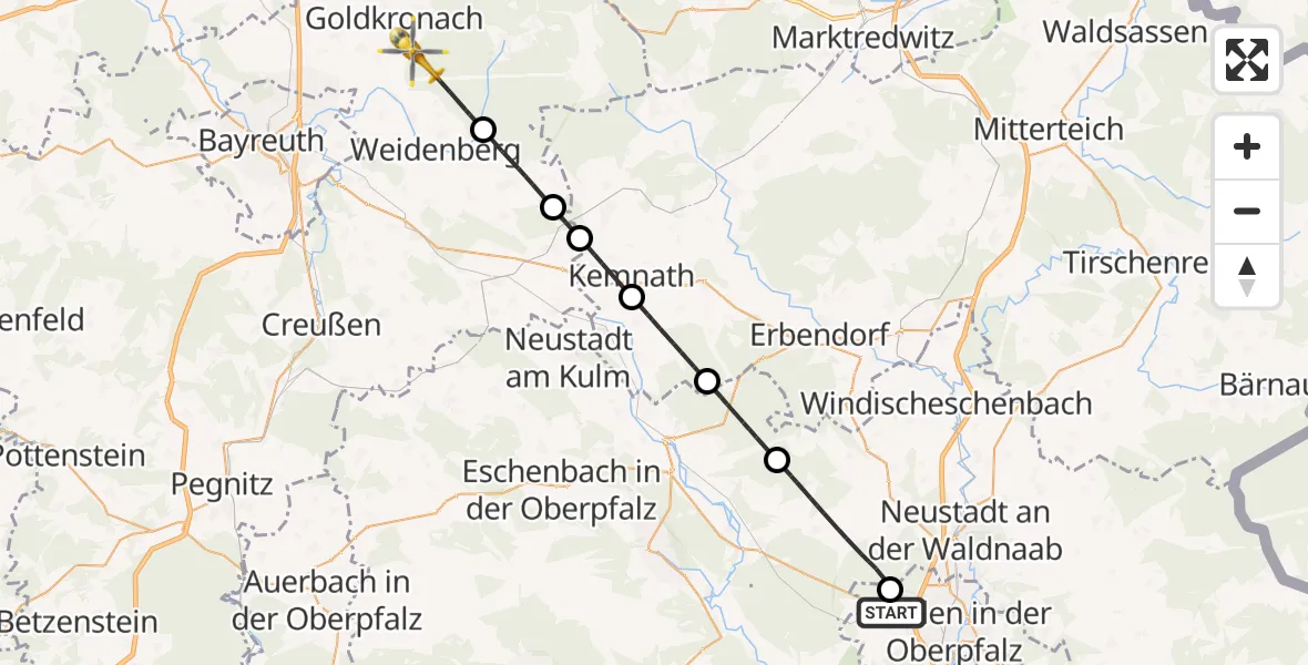Flugroute Ambulanzhubschrauber Weiden i.d.OPf. - Goldkronach, 16 August 2026, 13:37