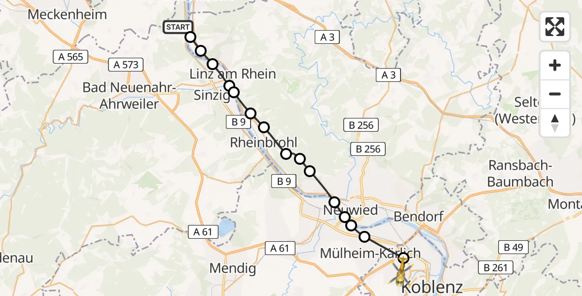 Flugroute Rettungshubschrauber Remagen - Koblenz, 16 August 2026, 13:42