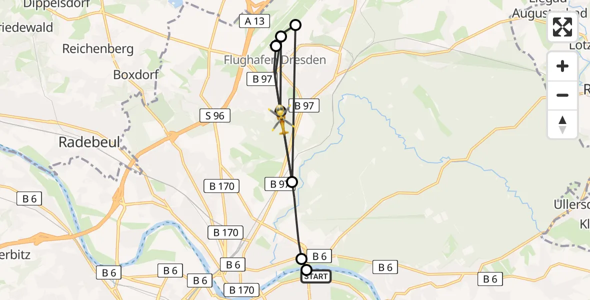 Flugroute Rettungshubschrauber Dresden University Hospital - Dresden, 16 August 2026, 13:53