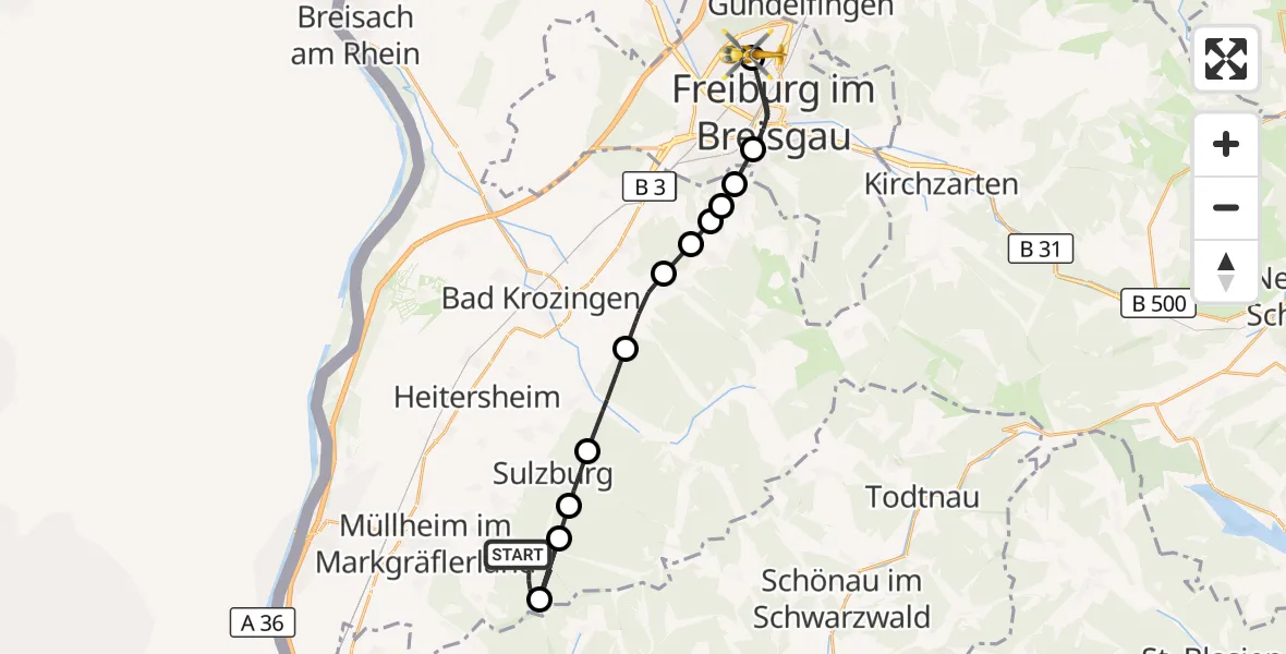 Flugroute Ambulanzhubschrauber Badenweiler - Freiburg im Breisgau Flugplatz, 16 August 2026, 13:54