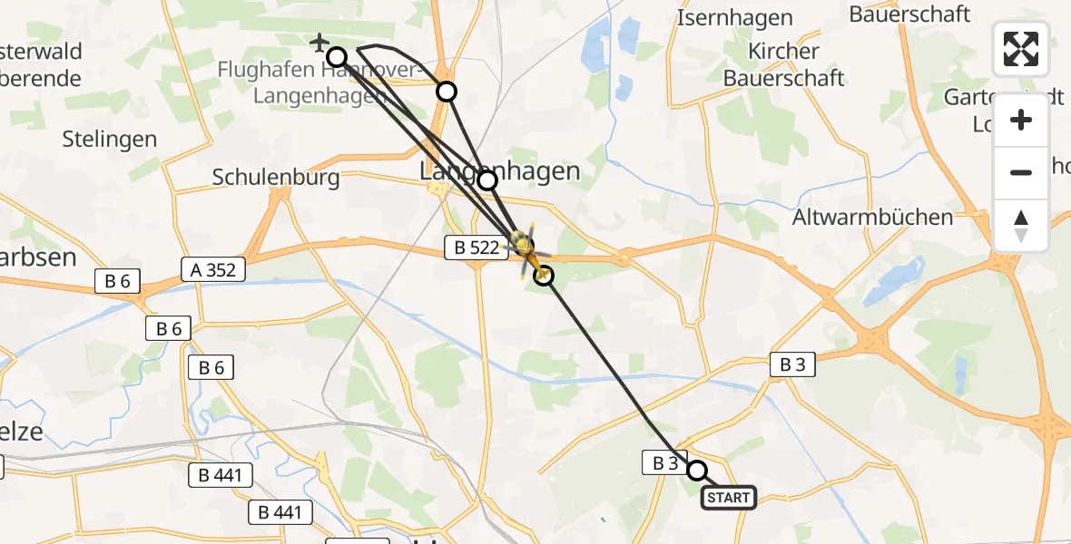 Flugroute Rettungshubschrauber Hannover Luftrettung Hubschrauberlandeplatz (Christoph 4) - Hannover, 16 August 2026, 13:56