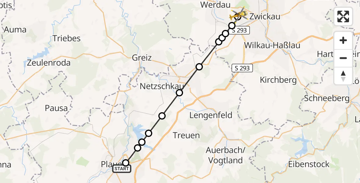 Flugroute Rettungshubschrauber Helios Clinic Plauen - ADAC Air Rescue Station Zwickau Hubschrauberlandeplatz, 16 August 2026, 13:59