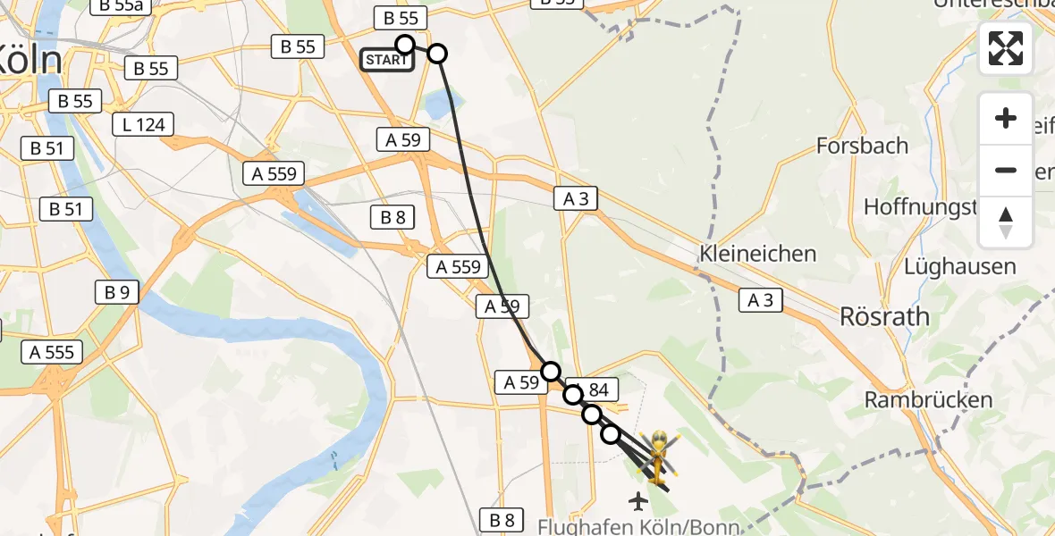 Flugroute Rettungshubschrauber Merheim Hospital - Köln Bonn Flughafen, 16 August 2026, 14:05