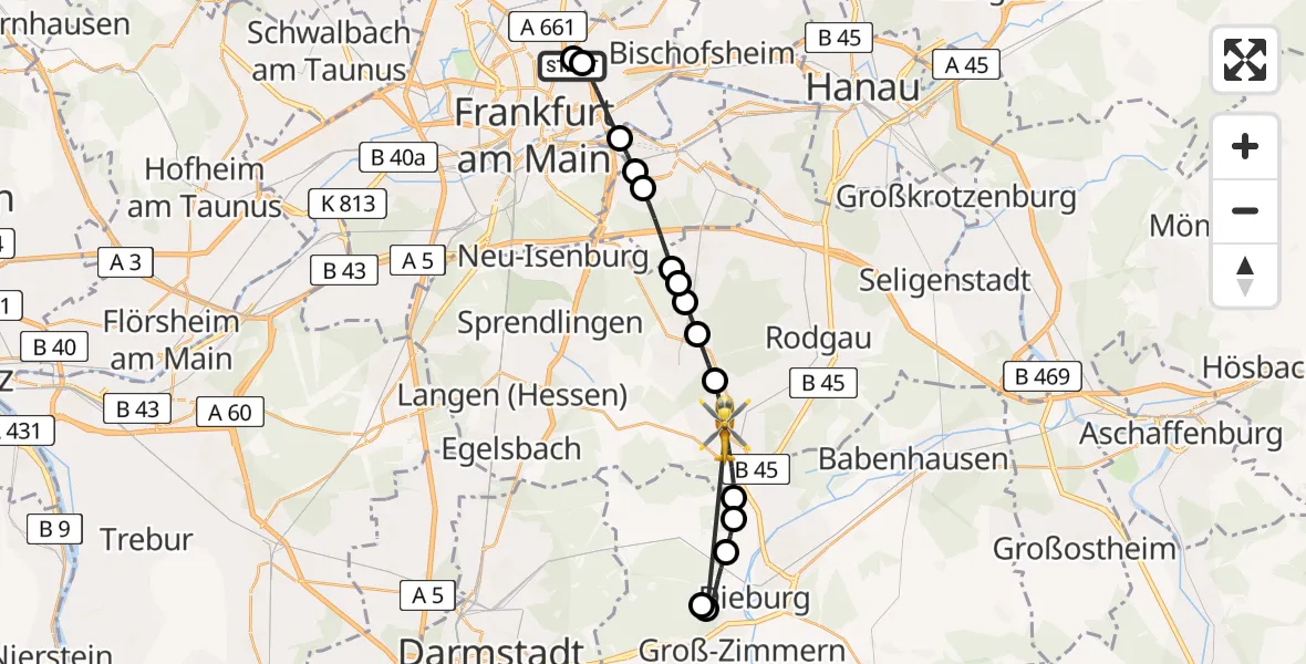 Flugroute Rettungshubschrauber Frankfurt am Main Accident Hospital Ground - Rödermark, 16 August 2026, 14:06