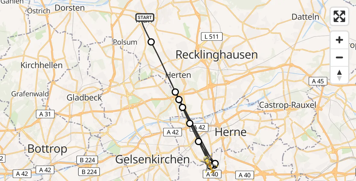 Flugroute Rettungshubschrauber Marl - Bochum, 16 August 2026, 14:11