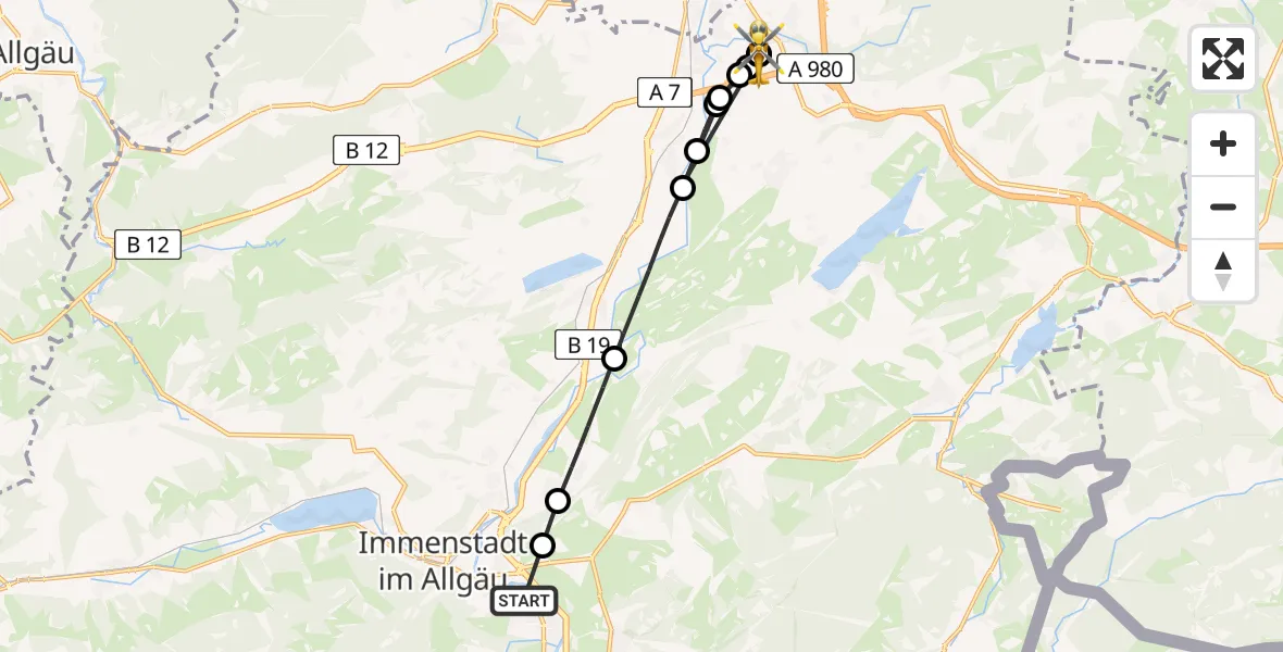 Flugroute Rettungshubschrauber Blaichach - Kempten-Durach Flugplatz, 16 August 2026, 14:13