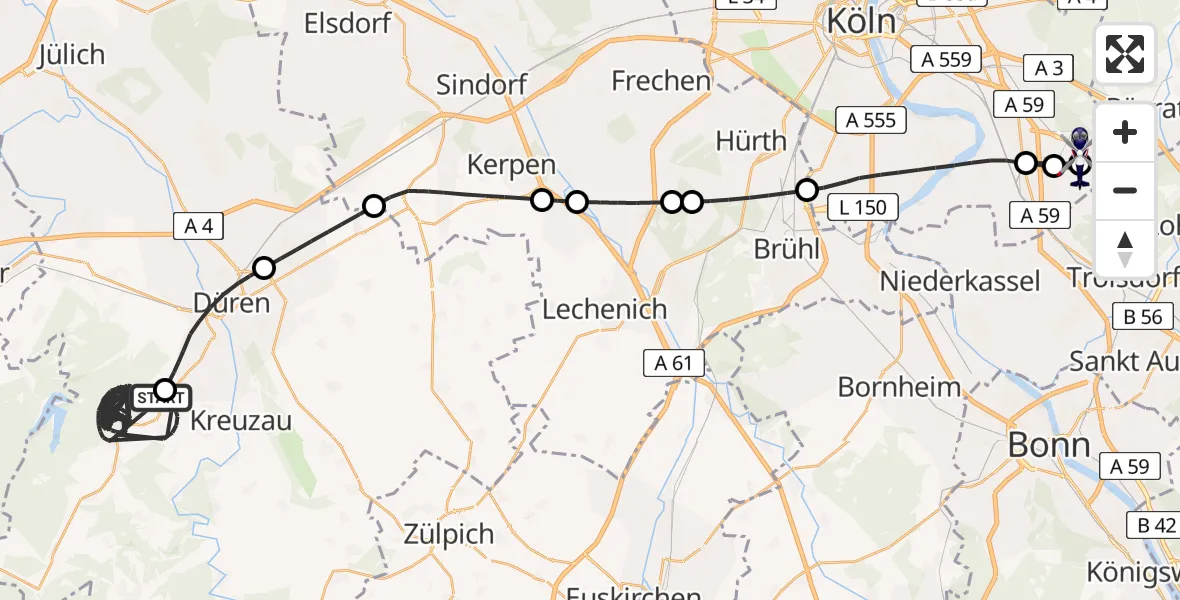 Flugroute Polizeihubschrauber Hürtgenwald - Köln Bonn Flughafen, 16 August 2026, 14:21