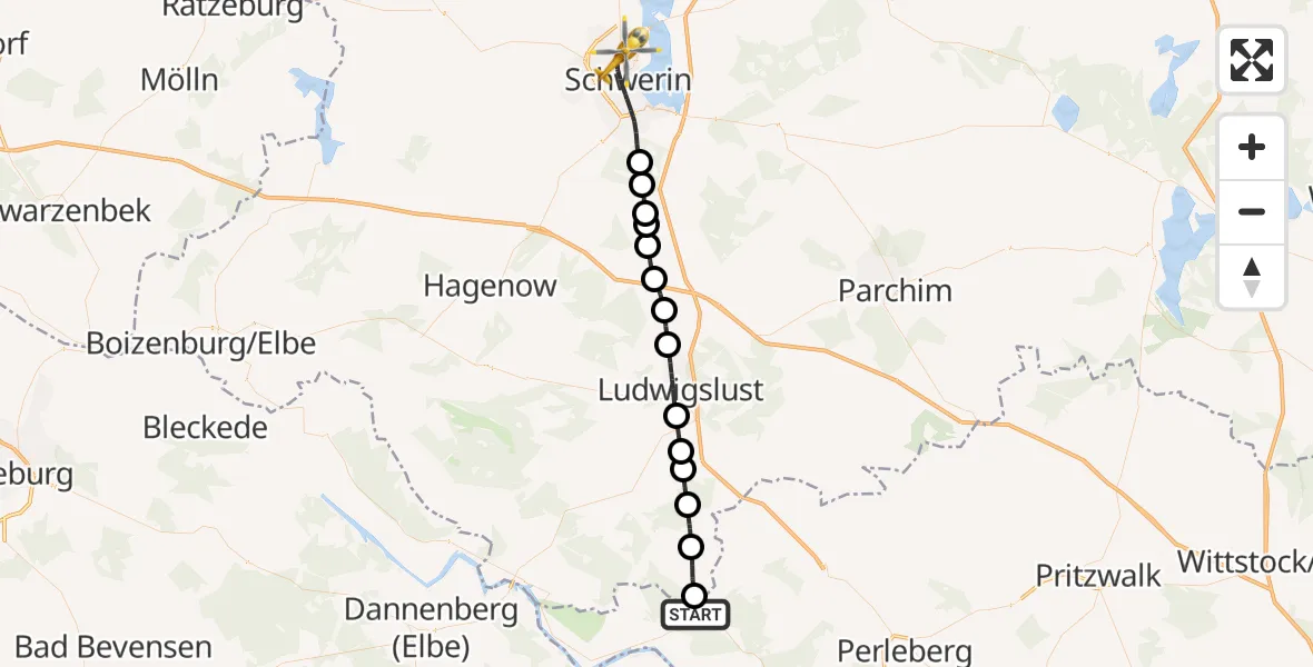 Flugroute Rettungshubschrauber Lenzen (Elbe) - Schwerin, 16 August 2026, 14:32