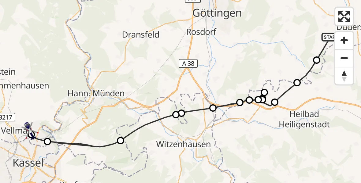 Flugroute Polizeihubschrauber Duderstadt - Fuldatal Bundespolizei Hubschrauberlandeplatz, 16 August 2026, 14:35