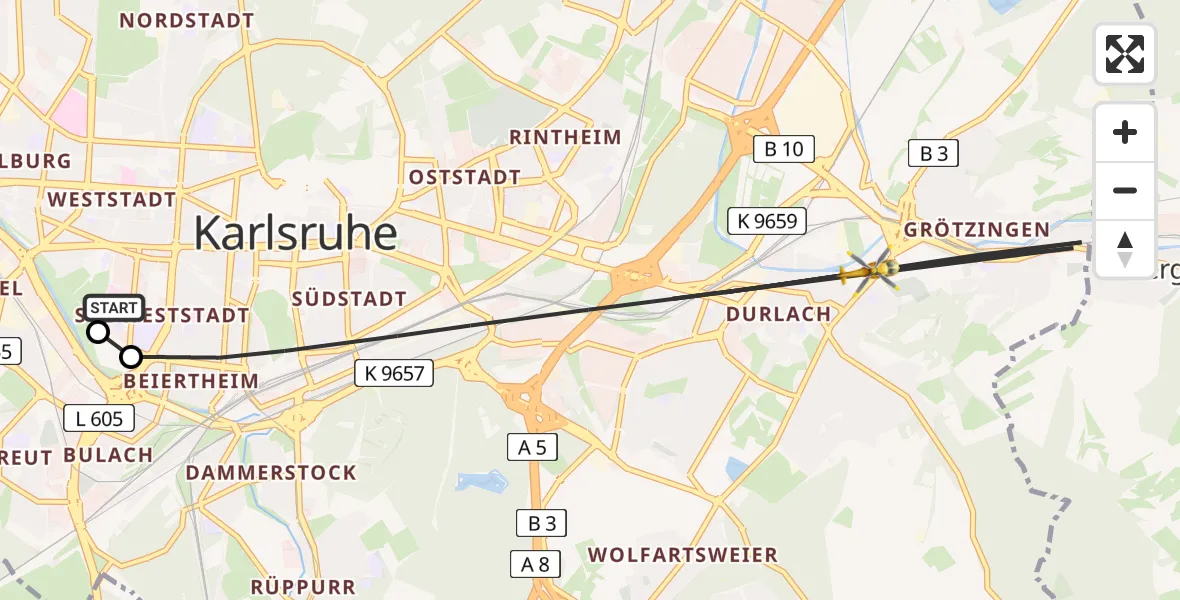 Flugroute Ambulanzhubschrauber Sankt Vincentius Hospital - Karlsruhe, 16 August 2026, 14:39