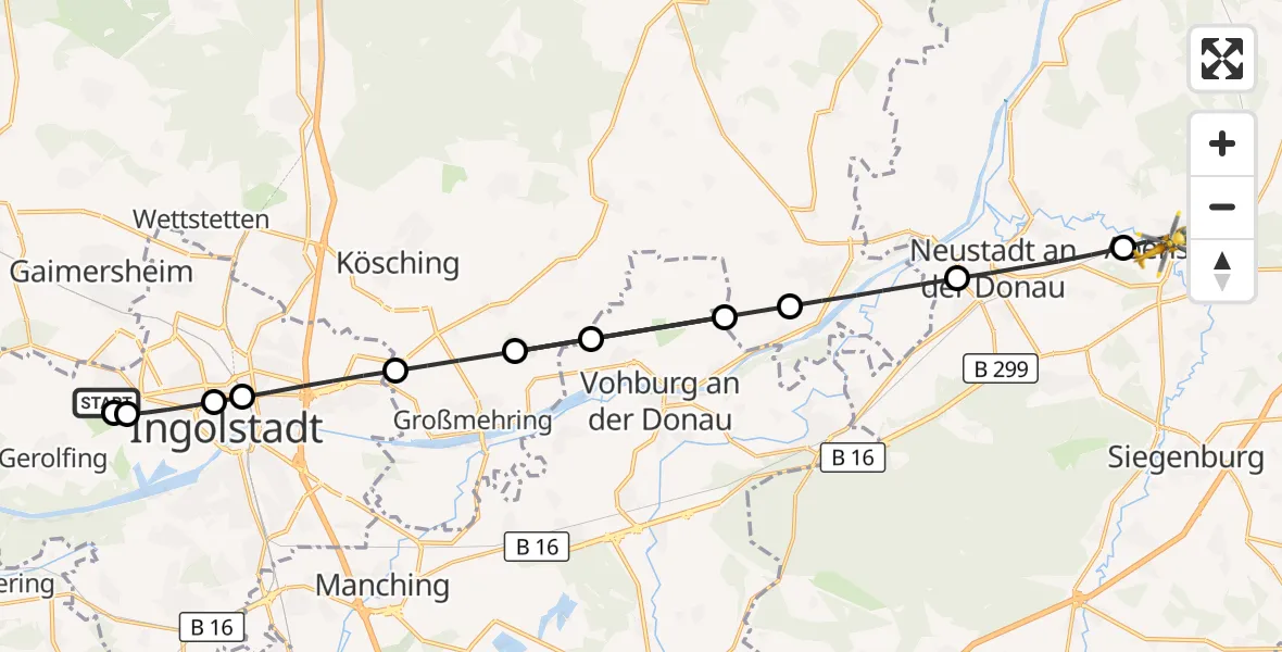 Flugroute Rettungshubschrauber Ingolstadt Hospital - Abensberg, 16 August 2026, 14:44
