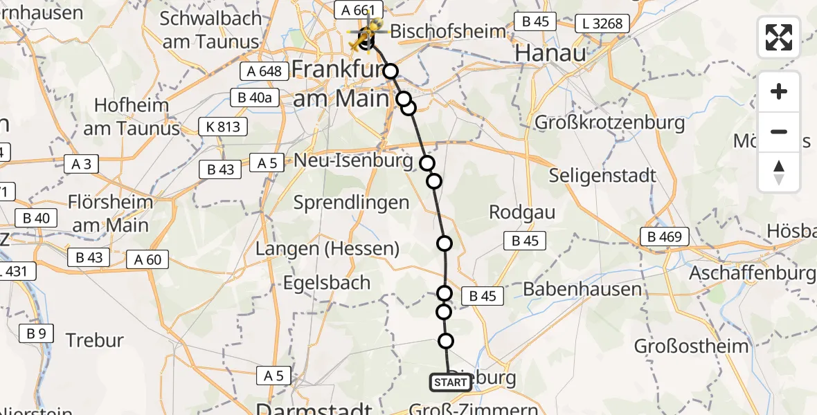 Flugroute Rettungshubschrauber Dieburg - Frankfurt am Main Accident Hospital Roof Helipad (CHX2), 16 August 2026, 14:49