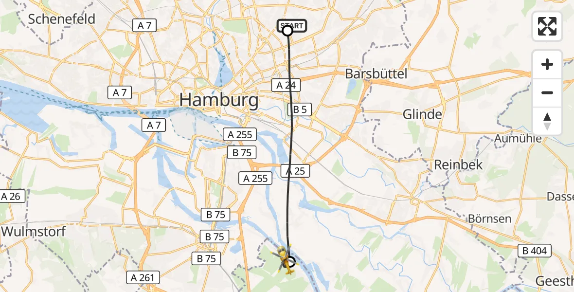 Flugroute Rettungshubschrauber Hamburg Military Hospital - Seevetal, 16 August 2026, 14:48