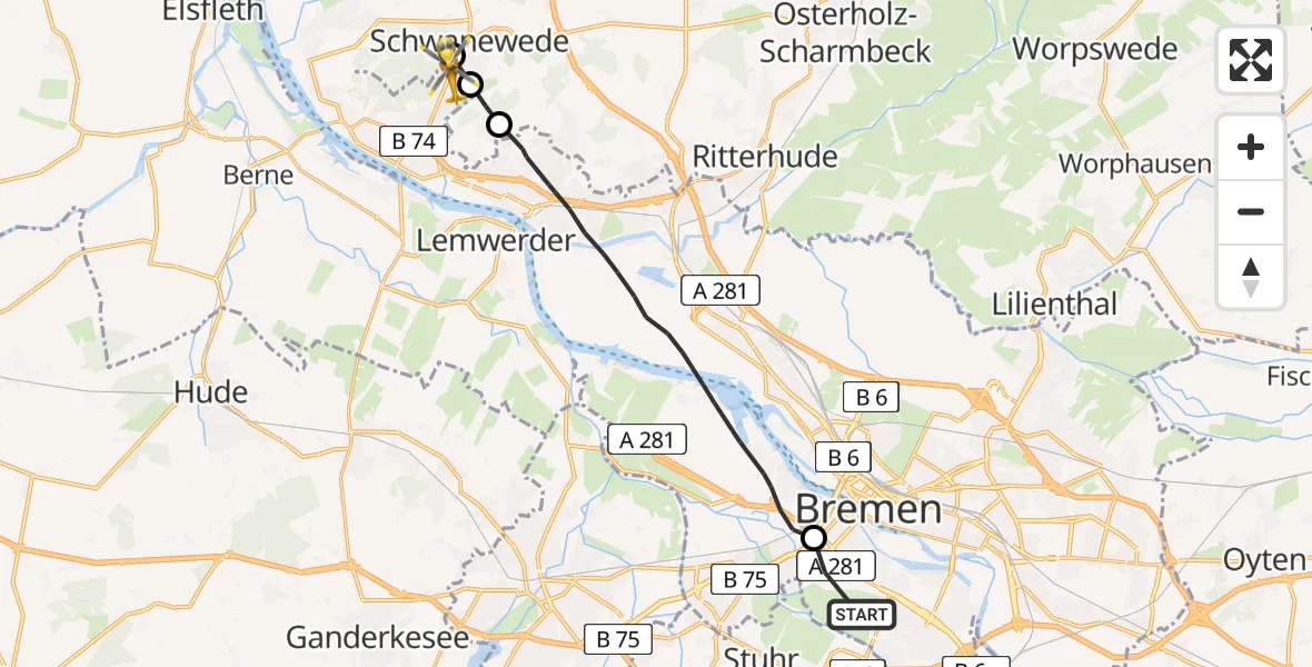Flugroute Rettungshubschrauber Flughafen Bremen - Bremen, 16 August 2026, 14:49
